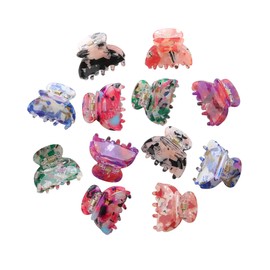 AWAYTR 12Pcs Small Hair Clips for Women Girls Acrylic Mini Claw Clips Cute Hair Jaw Claw for Hair Styling Accessories (Printed style)