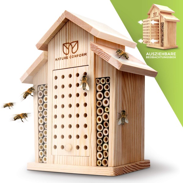 Nature Conform Insect Hotel Natural Wood - Bee Hotel [Observation Nesting Box] Clean Workman with Bamboo Tubes Nesting Aid Wild Bee Hotel Garden and Balcony Bee House