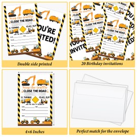 AWDSTN Construction Birthday Party Invitations with Envelopes, 20 Set Birthday Party Invites, Excavator Dump Truck Birthday Party Celebration Supplies & Favors -14