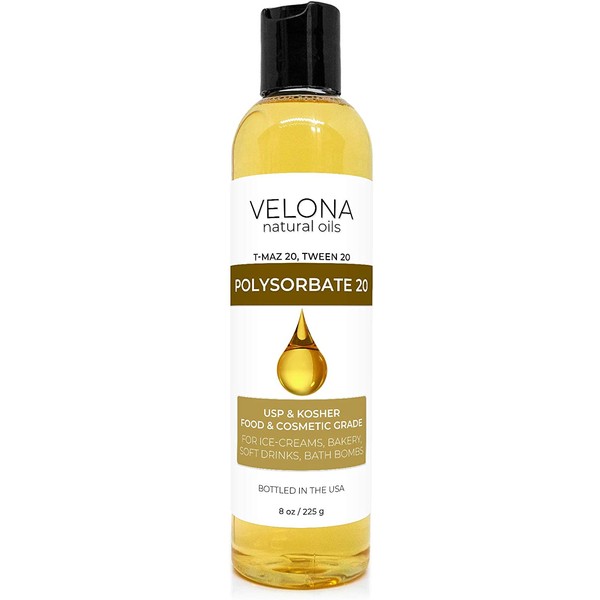 Polysorbate 20 by Velona - 8 oz | Solubilizer, Food & Cosmetic Grade | All Natural for Cooking, Skin Care and Bath Bombs | Use Today - Enjoy Results