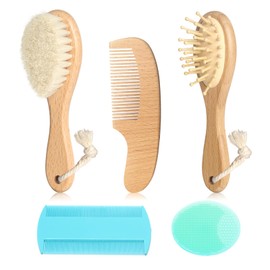 Goat Baby Hair Brush Set, Wooden Comb Massage Scalp Comb, Safe Natural Hair Care Kit, Soft Silicone Bath Brush for Newborns Toddlers (Brush Set+ Green Massager)