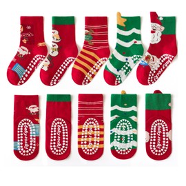 Meeshine Toddler Kids Christmas Socks Baby No Slip Grip Socks Xmas Holiday Cotton Ankle Socks Boys Girls 1-8T