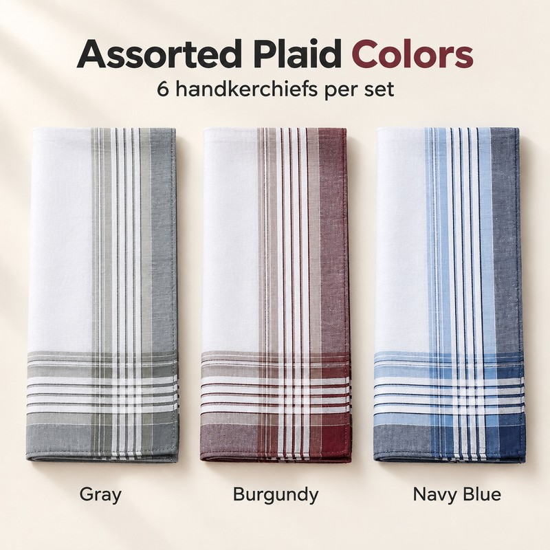 Men's Cotton Plaid Handkerchiefs 6-Pack – 17-Inch Soft Pocket Square