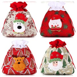 Christmas Bag 3D Design Fabric Drawstring Bag,Christmas Drawstring Present Bag Christmas Candy Bag,Treat Bag Christmas Linen Bag Christmas Burlap Goody Bag for Xmas Party Supplies (4 Pieces)