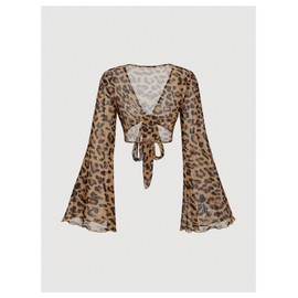 Verdusa Women's Boho 70s Tops Tie Front Bell Long Sleeve Floral Print Mesh Sheer Blouse Crop Tops Leopard Brown X-Large