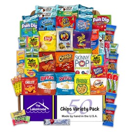 Chips Variety Pack 50 Count - Gift Basket Care Packages for College Students, Kids, Adults - Individually Wrapped School or Office Snacks with Chips, Cookies, Candy - Snack Packs from The LakeHouse
