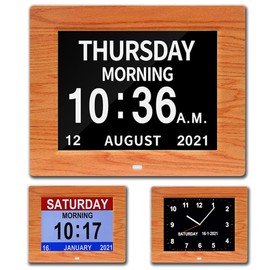 CAZOKASI 3 Displays 8inch Extra Large Impaired Vision Digital Calendar Clock with Non-Abbreviated Day & Month Alarm Clock Day Clock Photo Frame Auto Dimmable