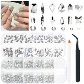 Rhinestones Nail Gems for Nail Art Glass Crystals Nail Rhinestones Shiny Multi Shape Flatback Face Gems with Rhinestones Picker and Tweezers Nail Art Tools (White)
