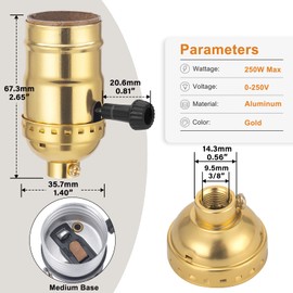 DiCUNO UL Listed 3-Way Lamp Socket Replacement, E26 Standard Threaded Base Light Socket, Turn Switch Knob for Low-Medium-High Light Settings, DIY Project, Table, Floor Lamp Repair Kit, 1-Pack, (Gold)