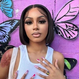 NOBLE Lace Front Wigs for Women Dark Brown Bob Wigs for Women Resistant Synthetic Wig 10 inchs Short Straight Wig for Party Daily Use