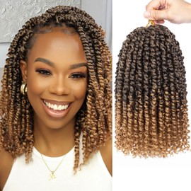 Samtress Pre-twisted Passion Twist Hair 10 Inch Short Passion Twist Crochet Hair 8 Packs Ombre Blonde Pre-looped Crochet Braids for Women Short Bohemian Synthetic Hair Extensions with Curl Ends (#T27)