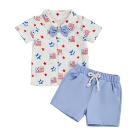 Baby Boy 4th of July Outfits USA Flag Gentlemen Suit Short Sleeve Button Up Shirts Shorts Independence Day Clothes (American Flag White, 2-3T)