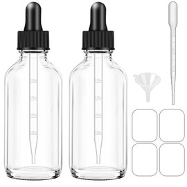 Bumobum Dropper Bottles, 4oz Clear Bottle with Dropper for Essential Oils with Funnel, Labels & Pipette, 2-Pack Tincture Bottles with Dropper(Unbreakable Plastic Eye Dropper)