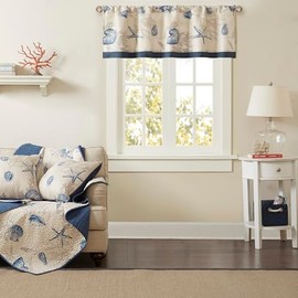 Madison Park Bayside Printed Ivory Navy Window Valance , Cotton Printed Rod Pocket Valances for Windows , 50X18" , Dark Blue