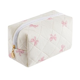 JOVAKIT Square Makeup Bag Cute Cosmetic Bag for Women, Floral Coquette Aesthetic Toiletry Bag, Zipper Make Up Pouch, Travel Make Up Organizer Bag (Pink Bow Tie)
