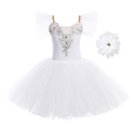 Ballet Leotards for Girls Swan Lake Ballerina Costume Ruffle Sleeve Sparkly Ballet Tutu Toddler Gymnastics Leotard Dance Tulle Tutu Skirt Kids Ballet Dress Ballerina Outfits White (2PCS) 11-12 Years