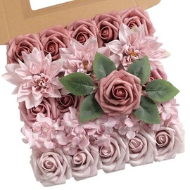 YYHUAWU - Juego de caja combinada de flores artificiales de color degradado con tallos para bricolaje ramos de boda, centros de mesa, fiesta de baby shower, decoración del hogar