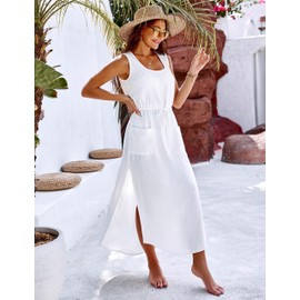 Blooming Jelly Women Swimsuit Cover Ups Bathing Suit Coverup Beach Dress Tank Swimwear Cover up with Pockets(M, White)