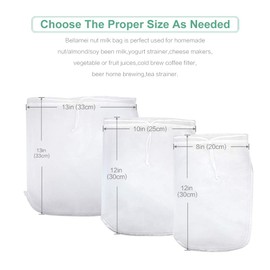 Bellamei Nut Milk Bag Reusable 3 Pack Food Strainer Nut Bags for Straining Almond/Soy Milk Greek Yogurt Professional for Cold Brew Coffee Tea Beer Celery Juice Fine Nylon Mesh(8"x12"/10"x12"/13"x13")