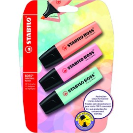 STABILO Boss Original Pastel Highlighters - Pack of 3 - Creamy Peach Colour, Delicate Turquoise, Rosy Blush
