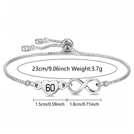 HEYEJET Birthday Gifts for 60 Years Old Women Silver Infinity Heart Bracelet for Ladies 60 Lucky Number Birthday Presents for Her Adjustable Teenis Chain Bracelet Jewellery (60th gifts)