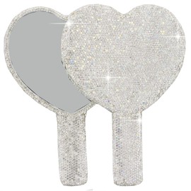 Bestbling - Espejo de mano con forma de corazón con diamantes de imitación, portátil y deslumbrante para retoques sobre la marcha (plástico blanco)