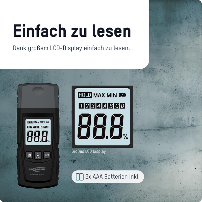 ANSMANN Moisture Meter with Large LCD Display, Easy Selection of