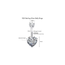 Musegetes Sterling Silver Belly Button Rings, Real 925 Sterling Silver, Heart Belly Rings, 14G Navel Piercing Rings, High Polished Smooth Surface, Resists Allergy, Sterling Silver, cubic zirconia
