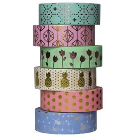 UOOOM 6 Rolle Washi Tape Set, 10m x 15mm, Schön Farbe Gold Kupfer Silber Foliendruck Muster Masking Tape Klebeband Bunte Klebebänder DIY Scrapbooking Deko Basteln (Design 9061)