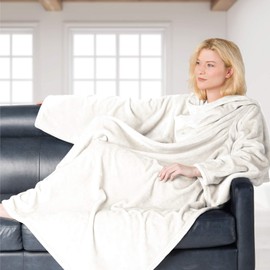 Brookstone NAP Wearable Throw Blanket - Reversible Ultra Soft Polyester Fabric with Sleeves for Your Arms � The Ultimate Blanket for Warmth and Mobility - Ivory