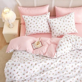 Wake In Cloud - Floral Comforter Set, Coquette Cottagecore Aesthetic Cute Flower Rose Pattern for Women Teen Girls, Soft Lightweight Dorm Bedding, 3 Pieces, Pink, Twin/Twin XL Size