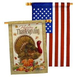 Breeze Decor Thanksgiving Turkey House Flag Pack Fall Give Thanks Gobble Pumpkin Season Autumntime Cornucopia Applique Decoration Banner Small Garden Yard Gift Double-Sided, Made in USA