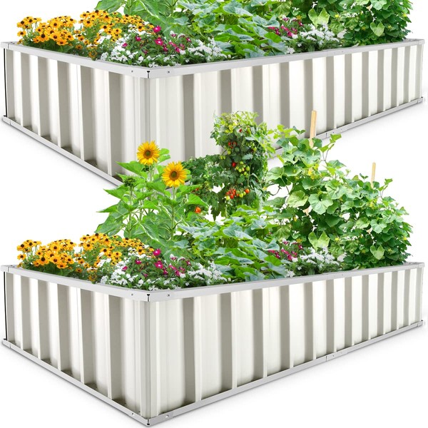 KING BIRD Raised Garden Bed 68" x 36" x 12" (2 Packs) Galvanized Steel Metal Outdoor Planter Kit Box for Vegetables, Flowers, Fruits, and Herbs, Ivory