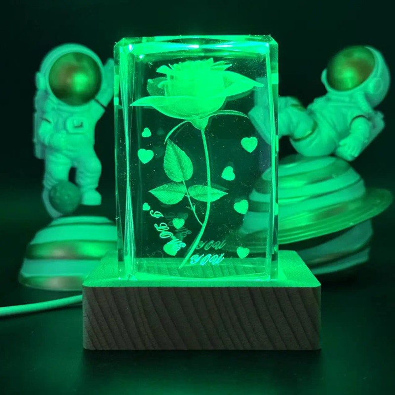 Toolzia 3D Crystal Rose Night Light with Wood Base