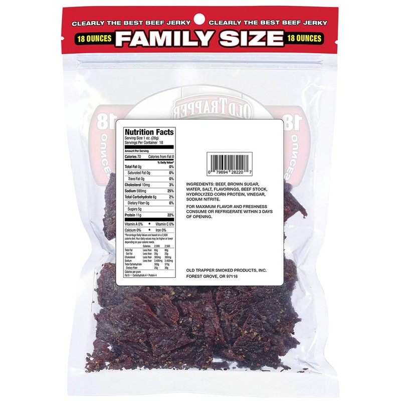 Old Trapper Peppered Beef Jerky Naturally Smoked Family-Size, 18 Ounces