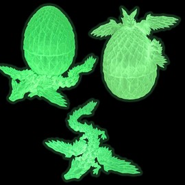 Flavery 3D Printed Flying Dragon in Egg - 9" Flexible Winged Crystal Dragon Inside, Colorful Fidget Toy, Birthday Gift, Desk Pet, Executive Toy Figure (Glow Green)