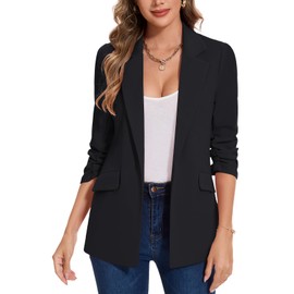 MINTLIMIT Blazer for Women Open Front 3/4 Ruched Sleeve Stretchy Suit Jacket Lightweight Casual Work Office Blazers with Pockets (Black, Size 2XL)