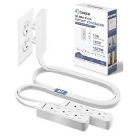 Saker Outlet Cover Extension Cord | 8ft Flat Extension Cord with 3 Outlets,1625W | Universal Size Outlet Concealer | Outlet Cover Baby Proofing for Kitchen, Home and Office(Dual 8ft)