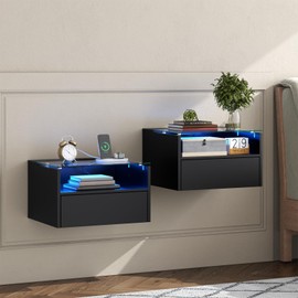 Black Floating Nightstand Set of 2 with Charging Station, 18.9" Extended Bedside End Table with Drawer and LED, Modern Wall Mounted Night Stand Side Table with Open Shelf for Bedroom,Living