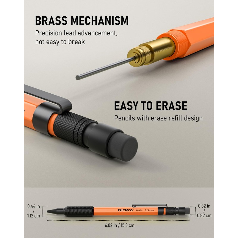 Nicpro 3 PCS 1.3 mm Orange Mechanical Pencils Set with