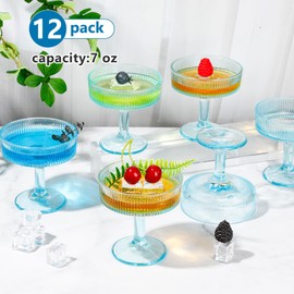 Teenyyou 12 Pcs Ribbed Vintage Coupe Glasses 7 oz Martini Glasses Champagne Coupe Classic Cocktail Glassware Reusable Ribbed Glassware for Cocktail Martini European Style (Blue)