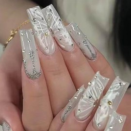 Foccna Press on Nails Super Long Rhinestone White Fake Nails Square Bling Glossy Butterfly False Nail Tips Artificial Nails Finger Manicure for Women and Girls-24pcs