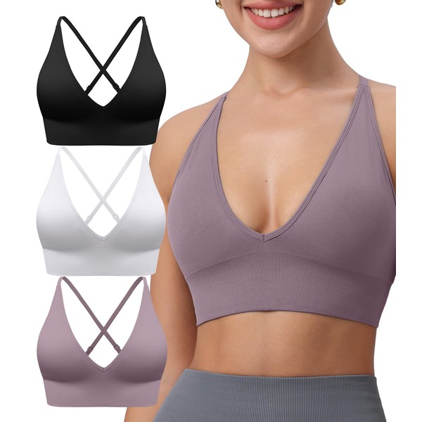 3Pack Womens Deep V-Neck Longline Sports Bra, Strappy Criss Cross