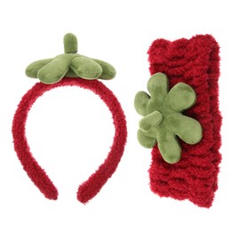 Healvian 2Pcs Strawberry Headband and Wristband Cute Spa Accessories for Skincare Fluffy Face Wash Headbands with Leaf Design for Women