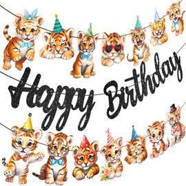 Tiger Birthday Banners 3Pcs Tiger Birthday Party Decorations Glitter Black Tiger Birthday Party Supplies Jungle Tiger Party Hanging Banner Decor for Safari Tiger Favor Baby Shower Supplies