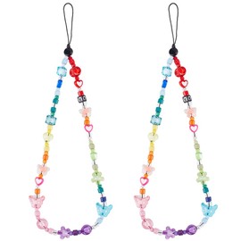GORGECRAFT 2Pcs Butterfly Phone Charm Lanyard Chain Colorful String Rainbow Resin Cell Phone Wrist Strap Beads Flowers Heart Lanyard Accessories Cute Lightweight Key chain for Women