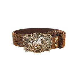 GORGLITTER Men's Western Cowboy Leather Belts Horse Pattern Floral Engraved Buckle Belt Brown suit waist size:37.4-41.3"