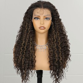 24 Inch Dark Brown Curly Synthetic Lace Front Wig with Baby Hair Brown Highlight Long Curly Wavy Wigs for Women Daily Party Use