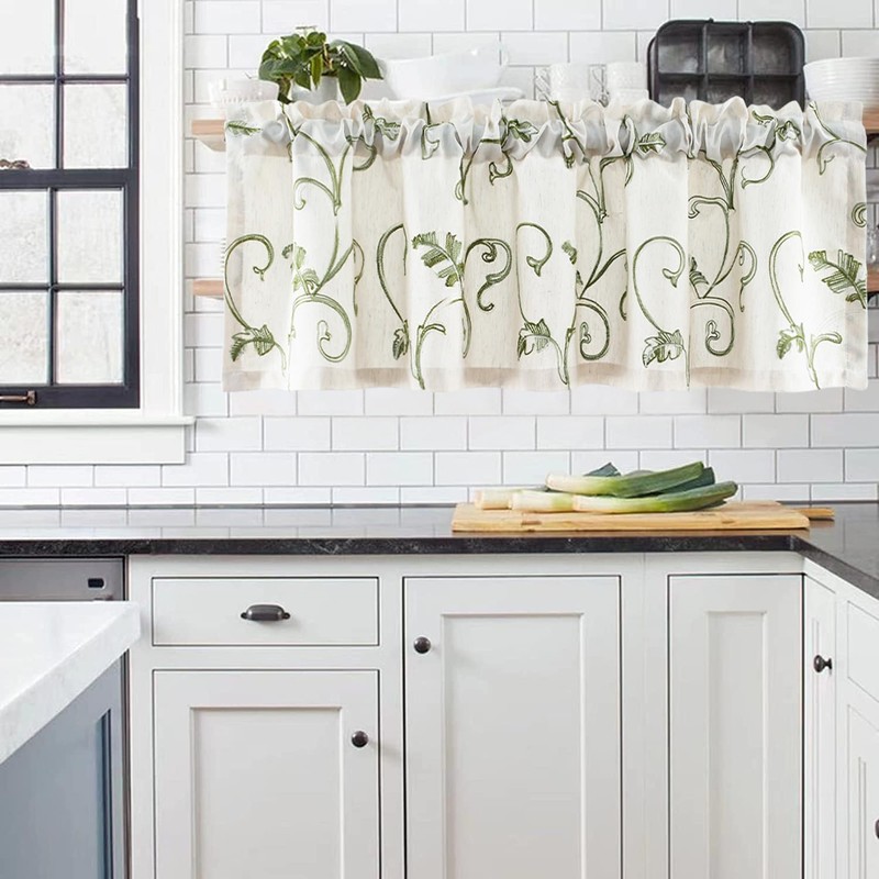VOGOL Leaves Pattern Valances for Kitchen Window, Elegant Linen Textured