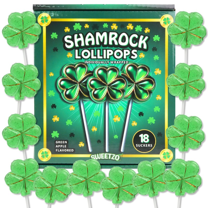 Saint Patrick's Day Candy, Shamrock Lollipops, Individually Wrapped Green Clover